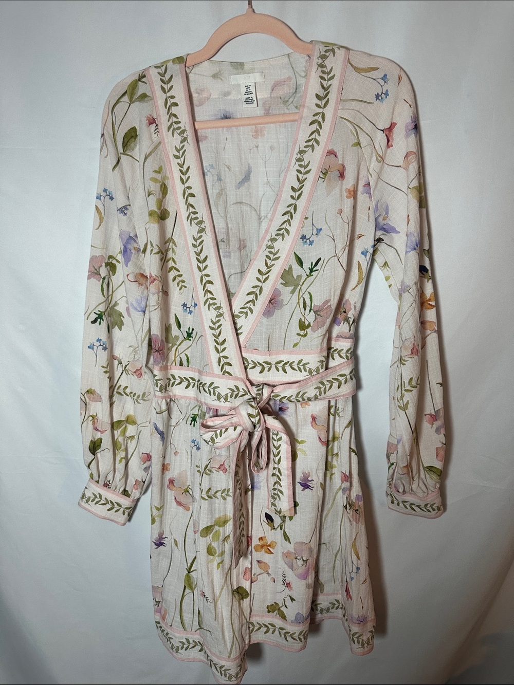 H&M Cream Floral Tie-Waist Midi Dress/tunic with Pastel Print